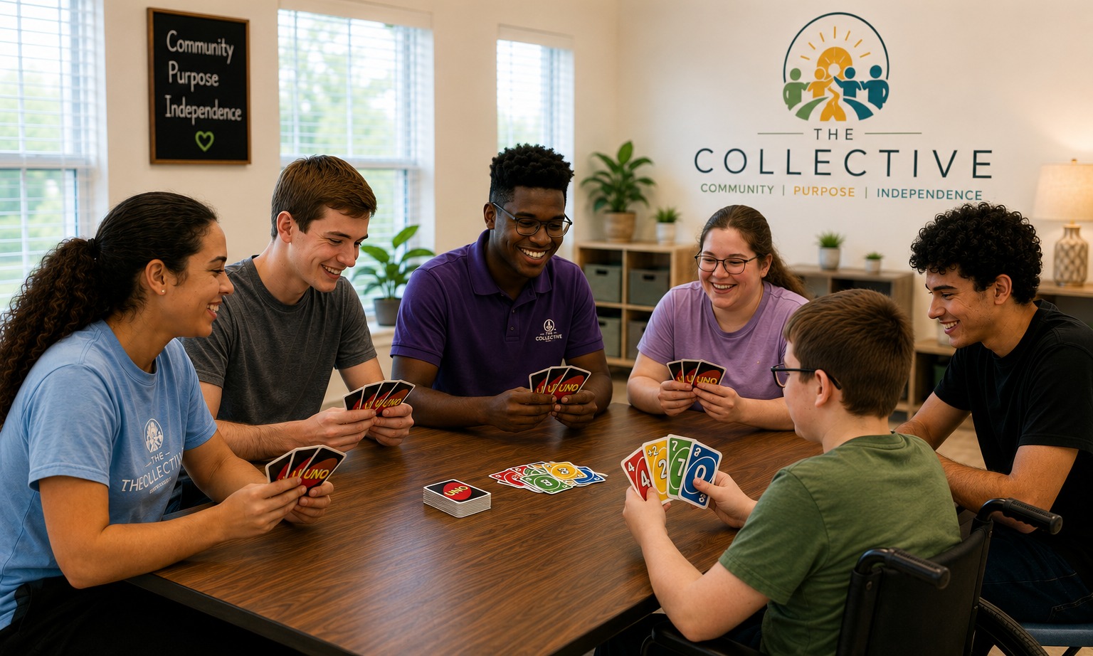 Inclusive group of teens and young adults enjoying a game of UNO together